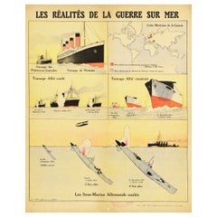 Original Antique WWI Poster Reality Of War At Sea Ship Submarine Guerre Sur Mer