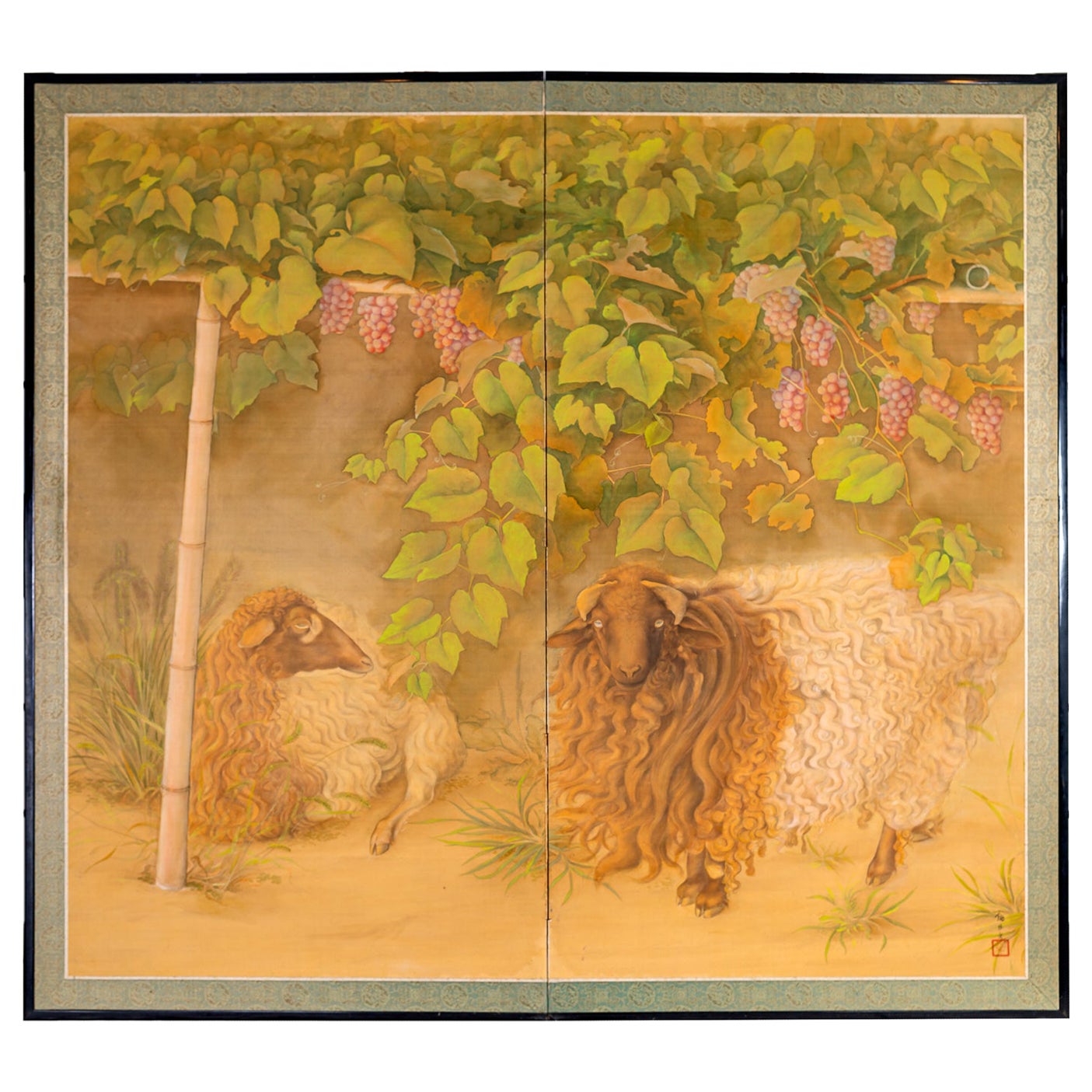 Japanese Two Panel Screen: Sheep Resting under Grape Arbor For Sale