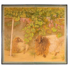 Antique Japanese Two Panel Screen: Sheep Resting under Grape Arbor