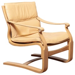Bentwood with Beige / Creme Leather Lounge Easy Chair by Ake Fribytter for Nelo