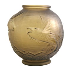 by Pierre D'Avesn Swimming Fish in Amber Gray Color Glass Vase, 'Daum'