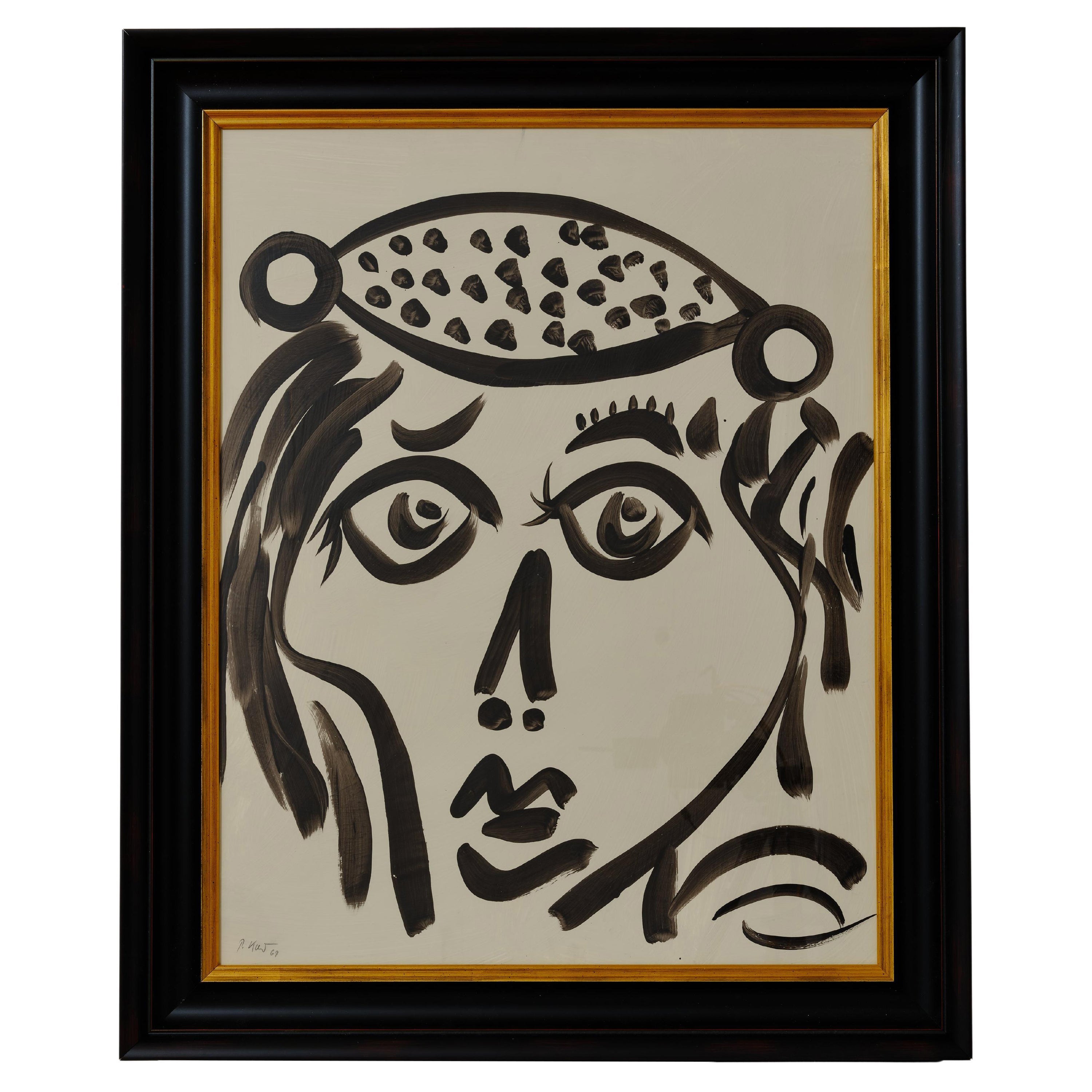 Painting by Peter Keil, C 1979, Framed, Black & White, "Lady with a Hat"