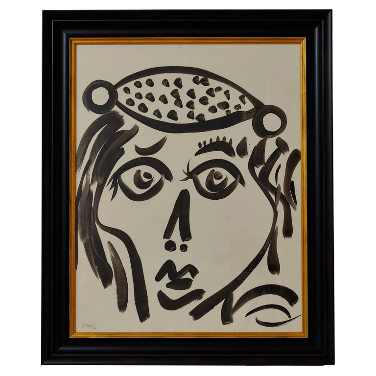 Painting by Peter Keil, C 1979, Framed, Black & White, "Lady with a Hat" For Sale