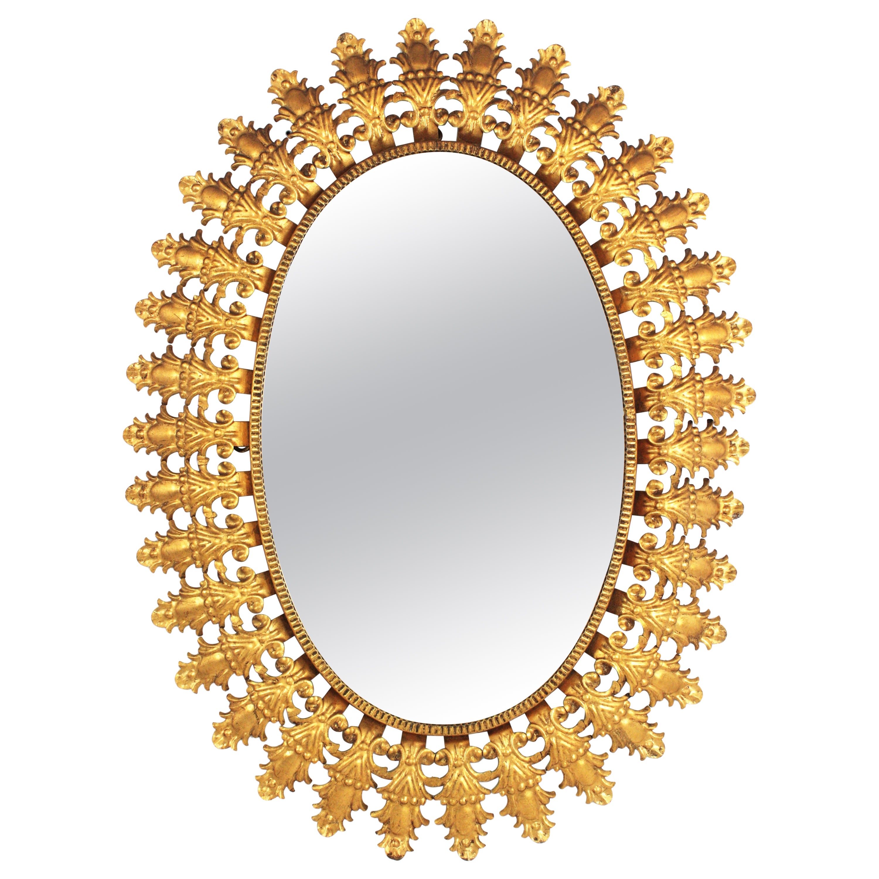 Sunburst Large Oval Mirror in Gilt Metal, 1950s