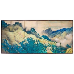 Japanese Six Panel Screen: Mountains in the Mist with Tree-Lined Foothills