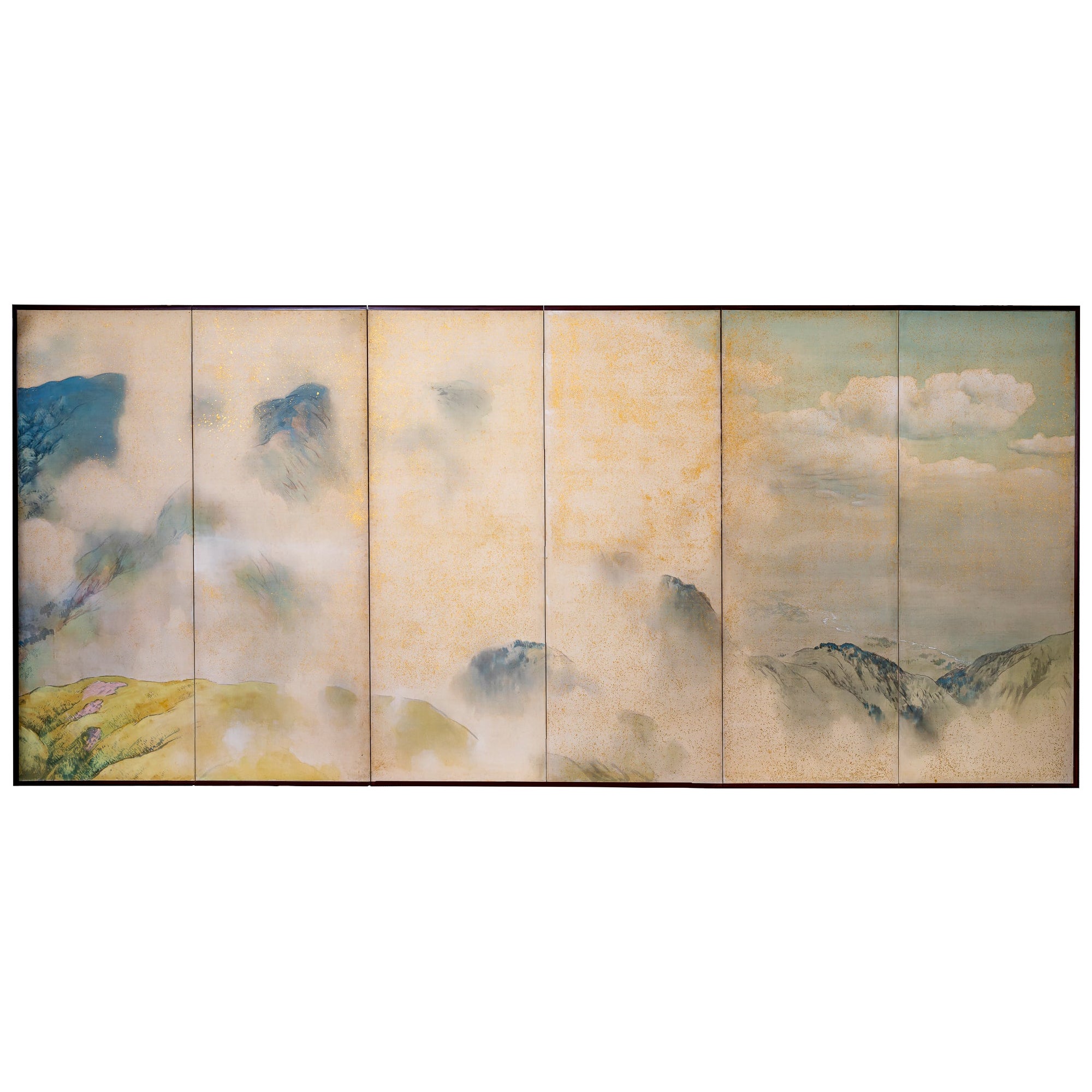Écran japonais à six panneaux : Montagnes dans la Mist avec contreforts bordés d'arbres en vente
