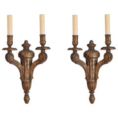 Pair French Napoleon III Period Carved Giltwood 2-Light Sconces, Late 19th Cen