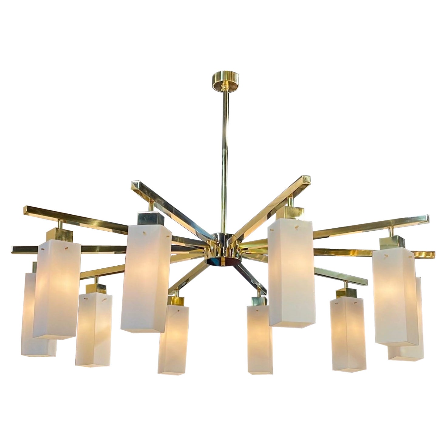 Modern Murano Square Shaped Glass and Brass Chandelier For Sale