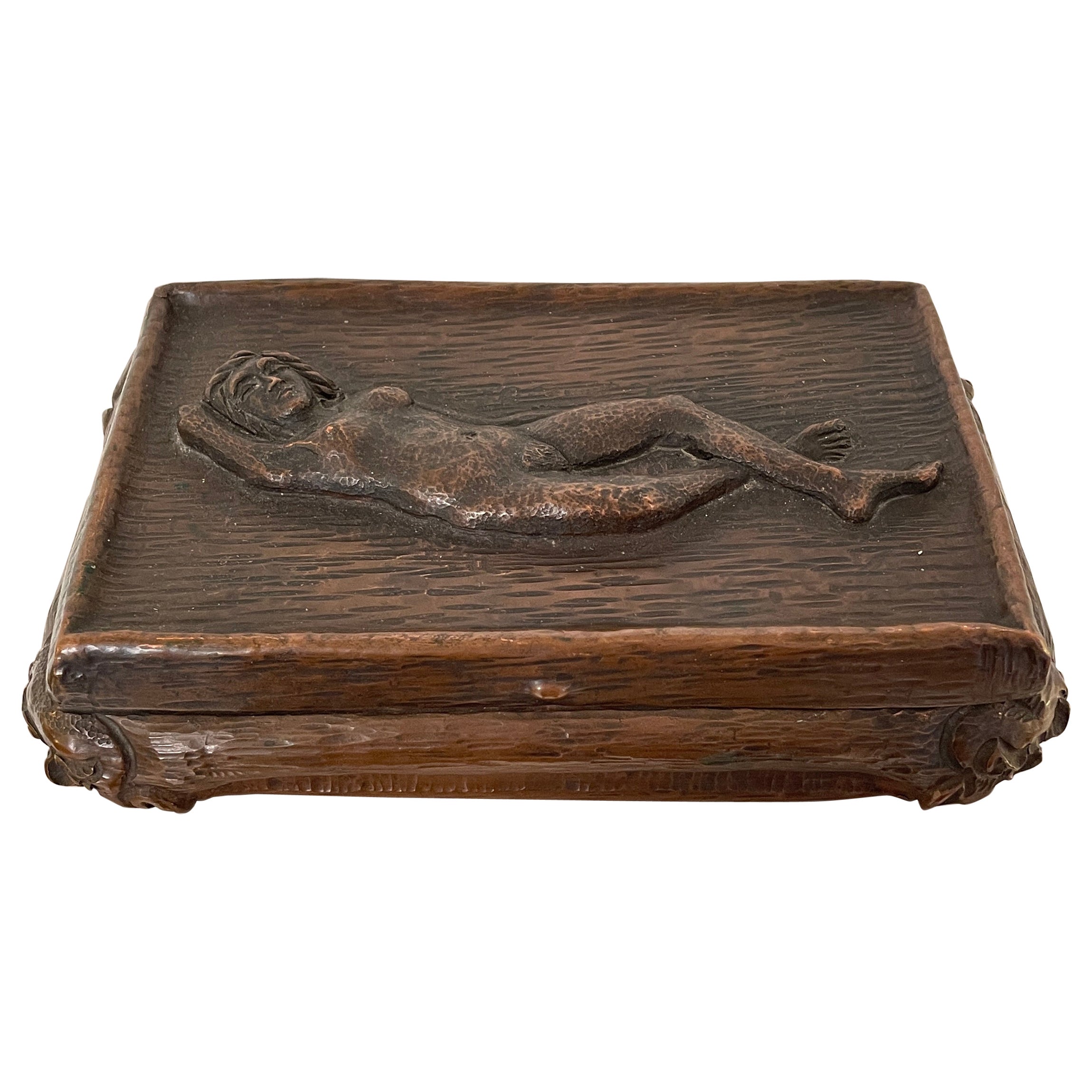 Folk Art Jewelry Box from the 1940s in Copper with Women Nude For Sale