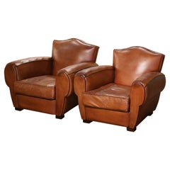Pair of Early 20th Century French Club Armchairs with Original Brown Leather