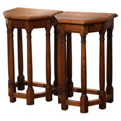 Pair of Mid-Century French Louis XIII Carved Oak Six-Leg Side Tables or Stools