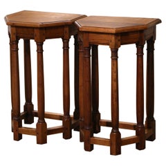 Retro Pair of Mid-Century French Louis XIII Carved Oak Six-Leg Side Tables or Stools