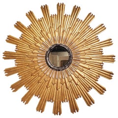Large Italian Giltwood Sunburst Mirror with Wooden Pendant Surround