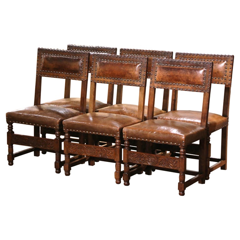 Set of Six 19th Century French Carved Oak and Leather Upholstered
