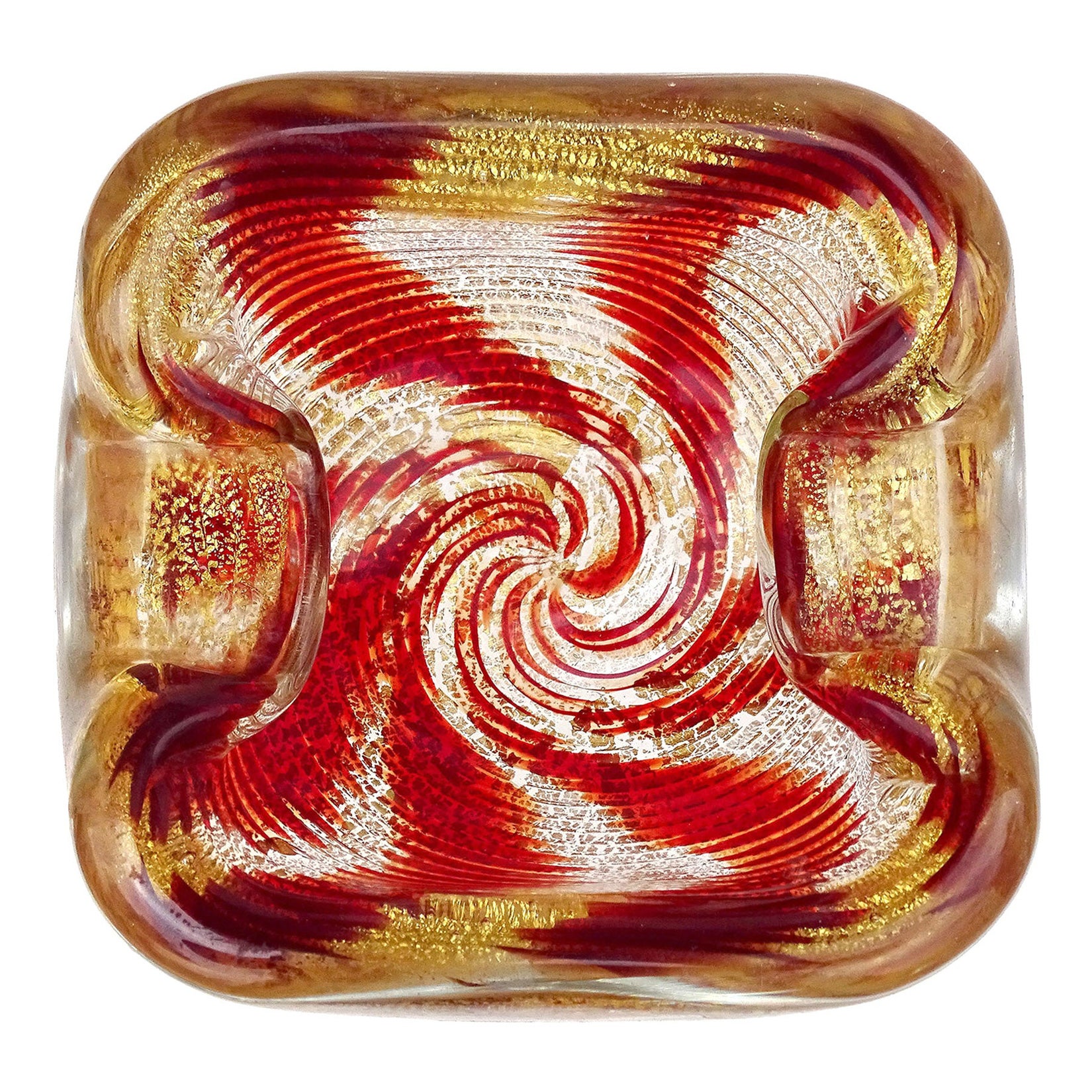 Murano Red Optic Swirl Gold Flecks Italian Art Glass Chunky Bowl Vide-Poche