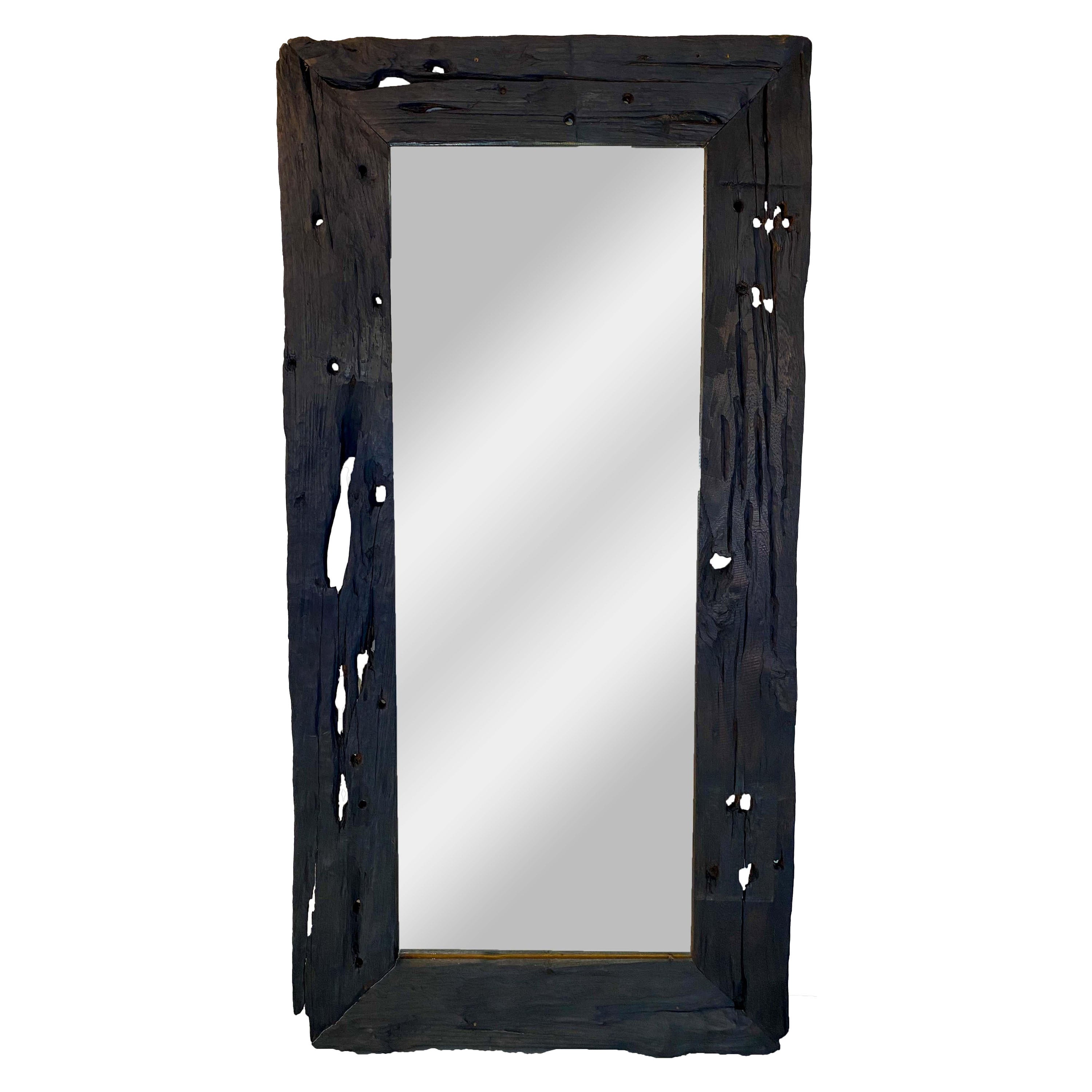 Monumental Modern Rustic Style Hand carved Wooden Black Frame Floor Mirror For Sale