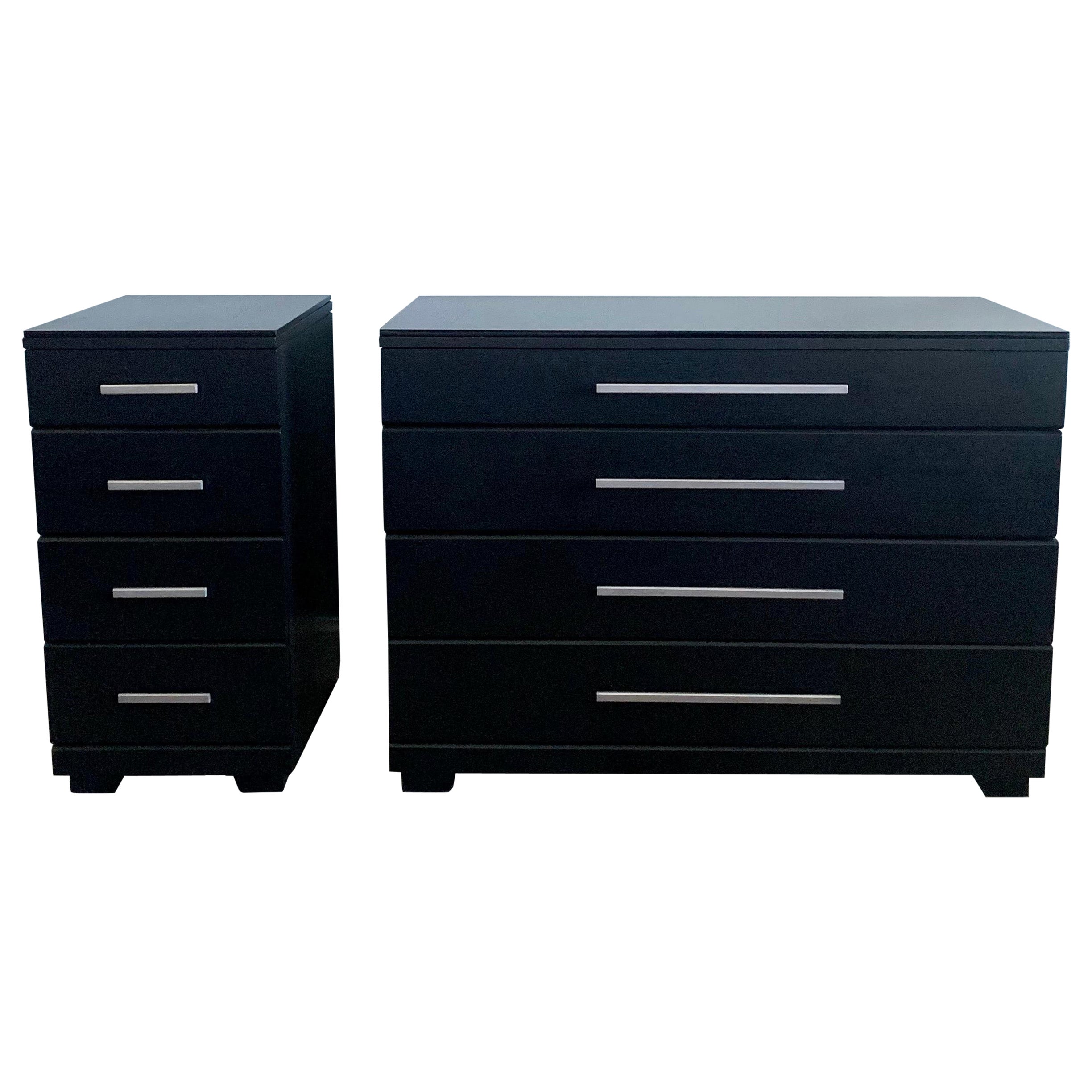Raymond Loewy for Mengel Chest of Drawers and Nightstand, Black with Glass Top 