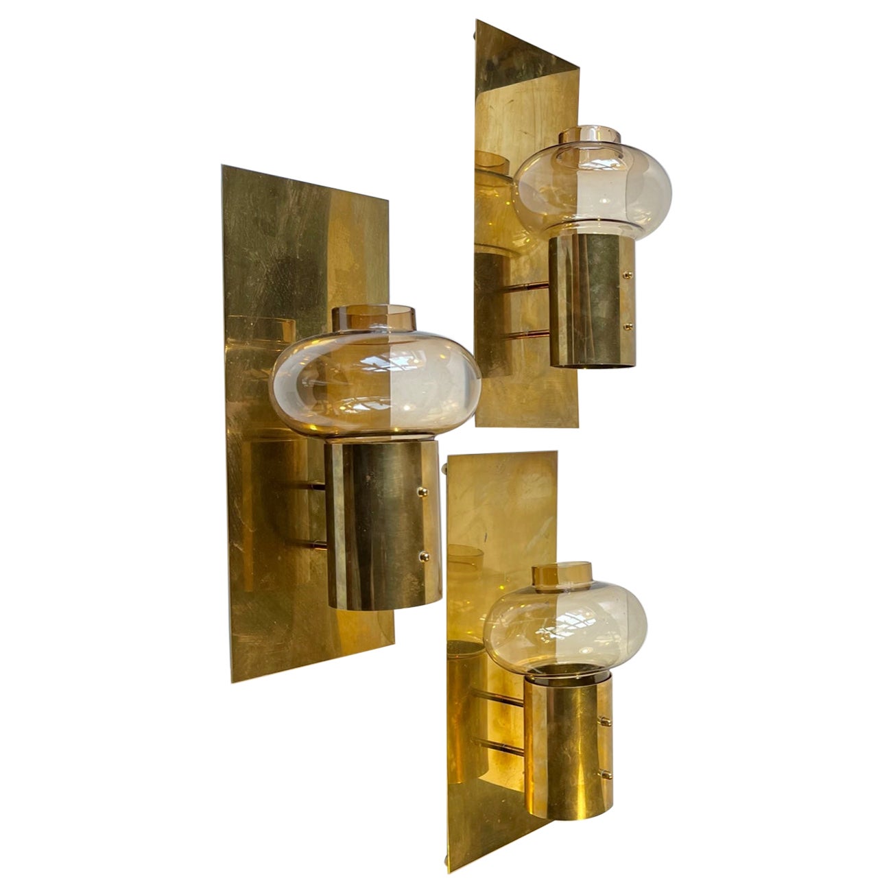 Colseth Norway Midcentury Wall Candleholders in Brass & Smoke Glass