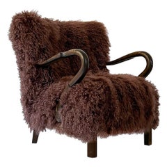 Scandinavian Lounge Chair in Brown Tibetan Wool, Sweden, 1940s