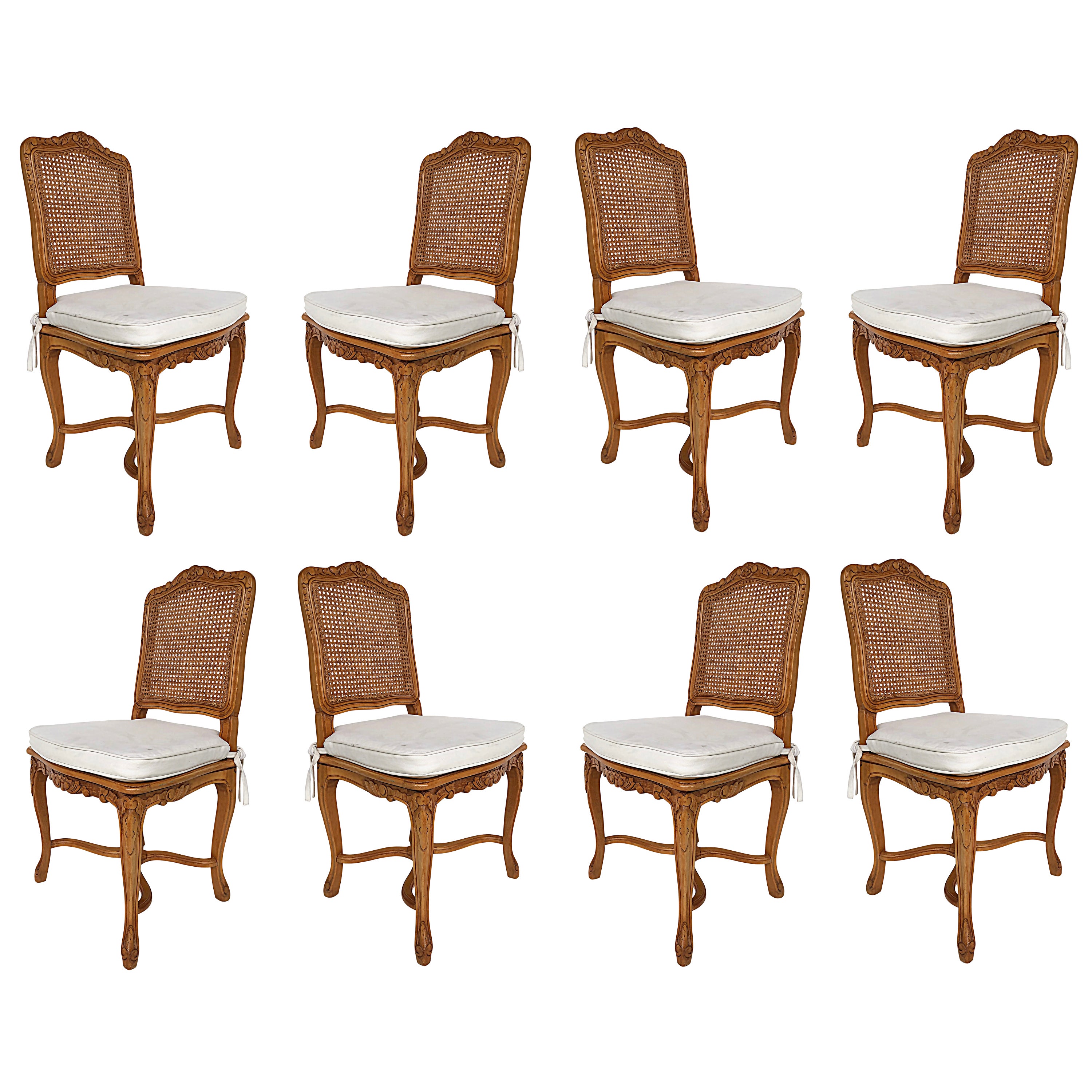 French Provincial Caned, Carved Dining Chairs with Seat Cushions, Set of Eight For Sale