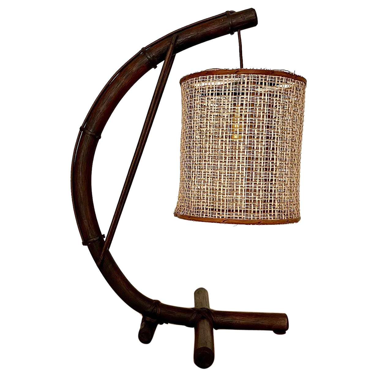 French Curved Moon Rattan Suspension Lamp For Sale