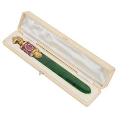 Russian Silver-Gilt, Diamonds, Nephrite, and Guilloche Enamel Letter Opener