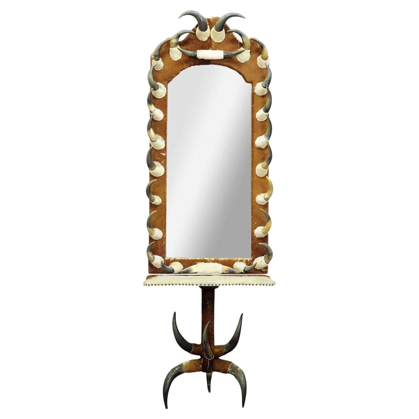 Large Hall Mirror with Cow Horn Decorations and Console Table, Austria, 1870 For Sale