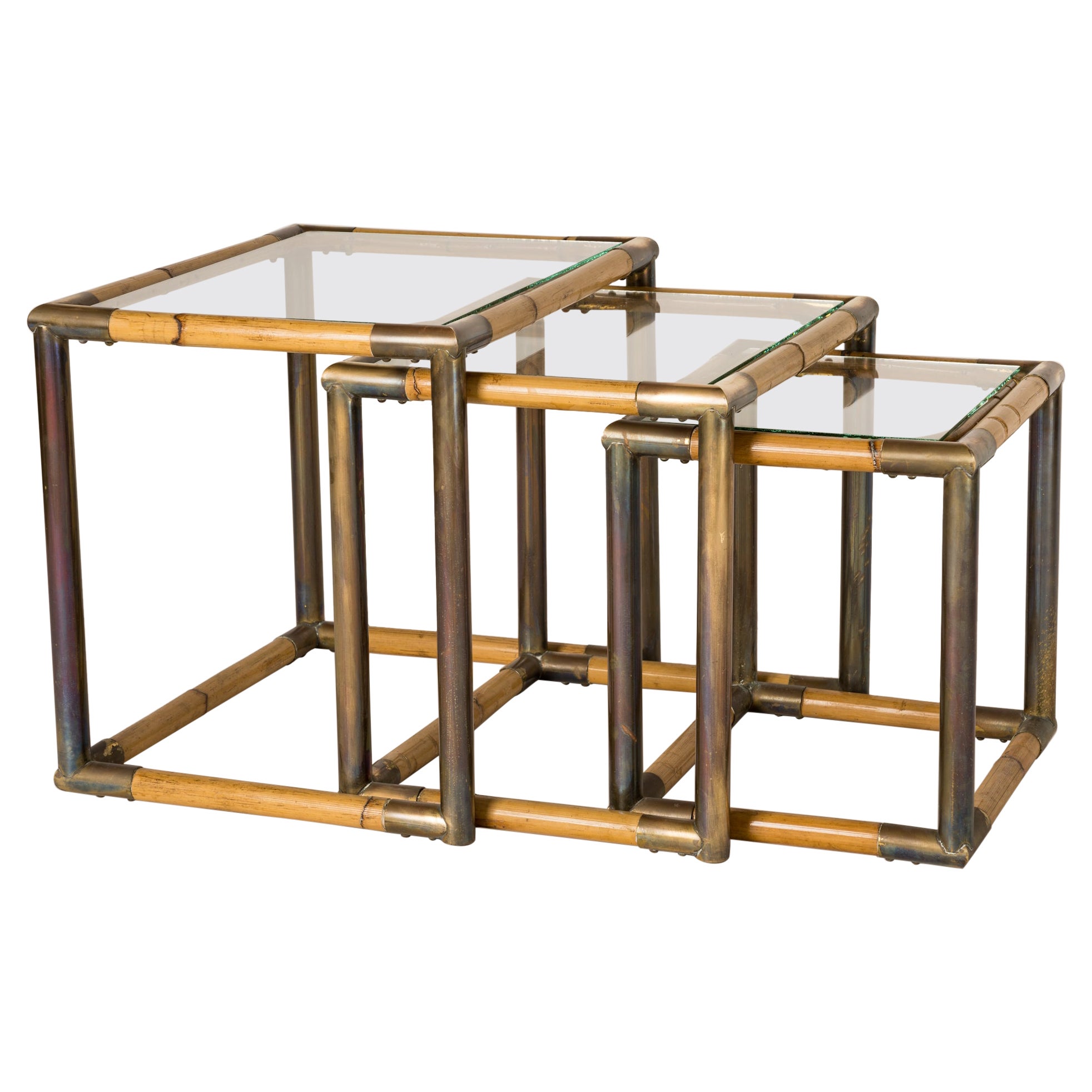 Set of Three Bamboo & Brass Nesting Tables, Italy, 1970's For Sale