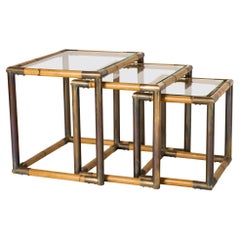 Vintage Set of Three Bamboo & Brass Nesting Tables, Italy, 1970's