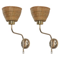 Swedish Designer, Sconces, Brass, Rattan, Sweden, C. 1970s