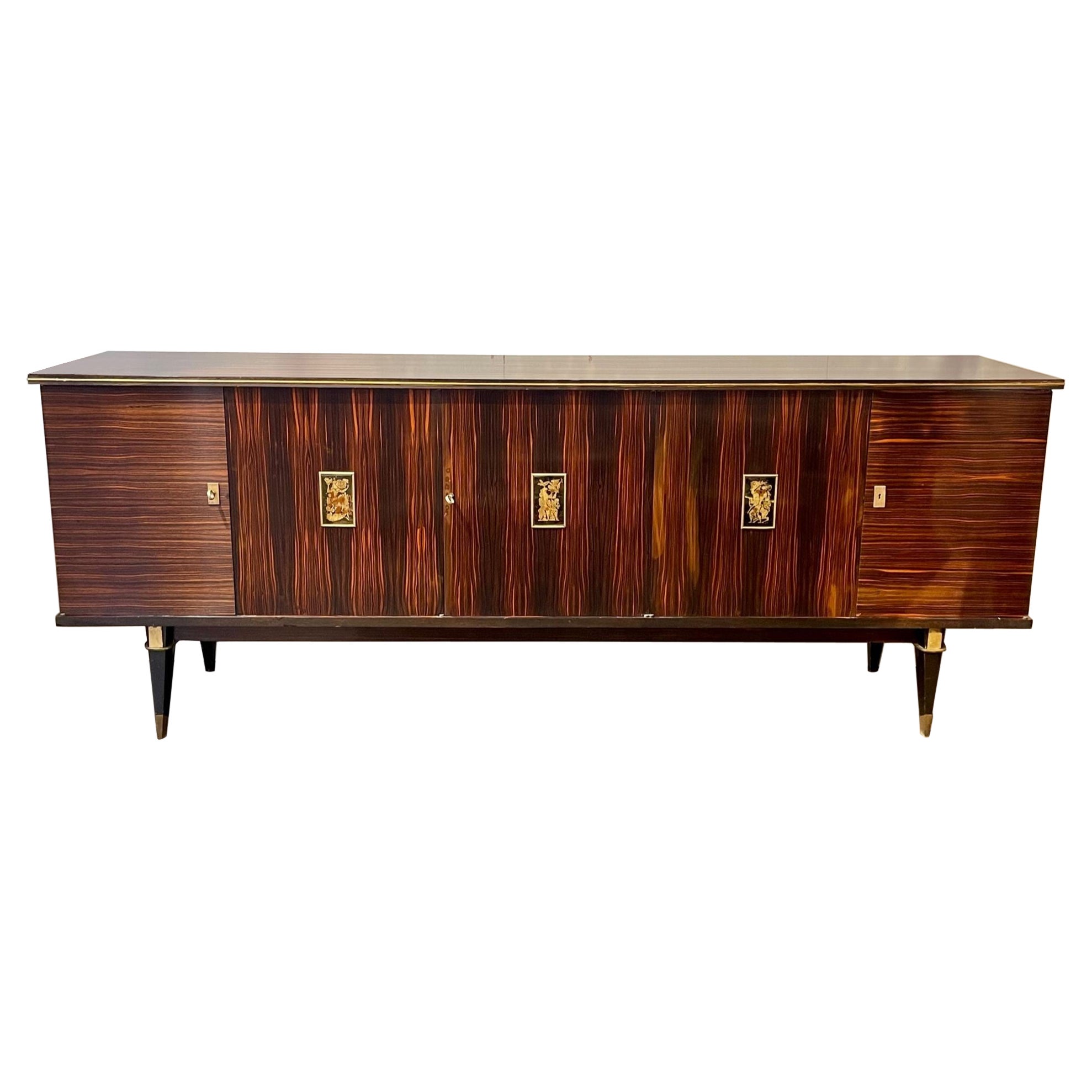 Mid Century French Macassar and Ebonized Wood Sideboard For Sale