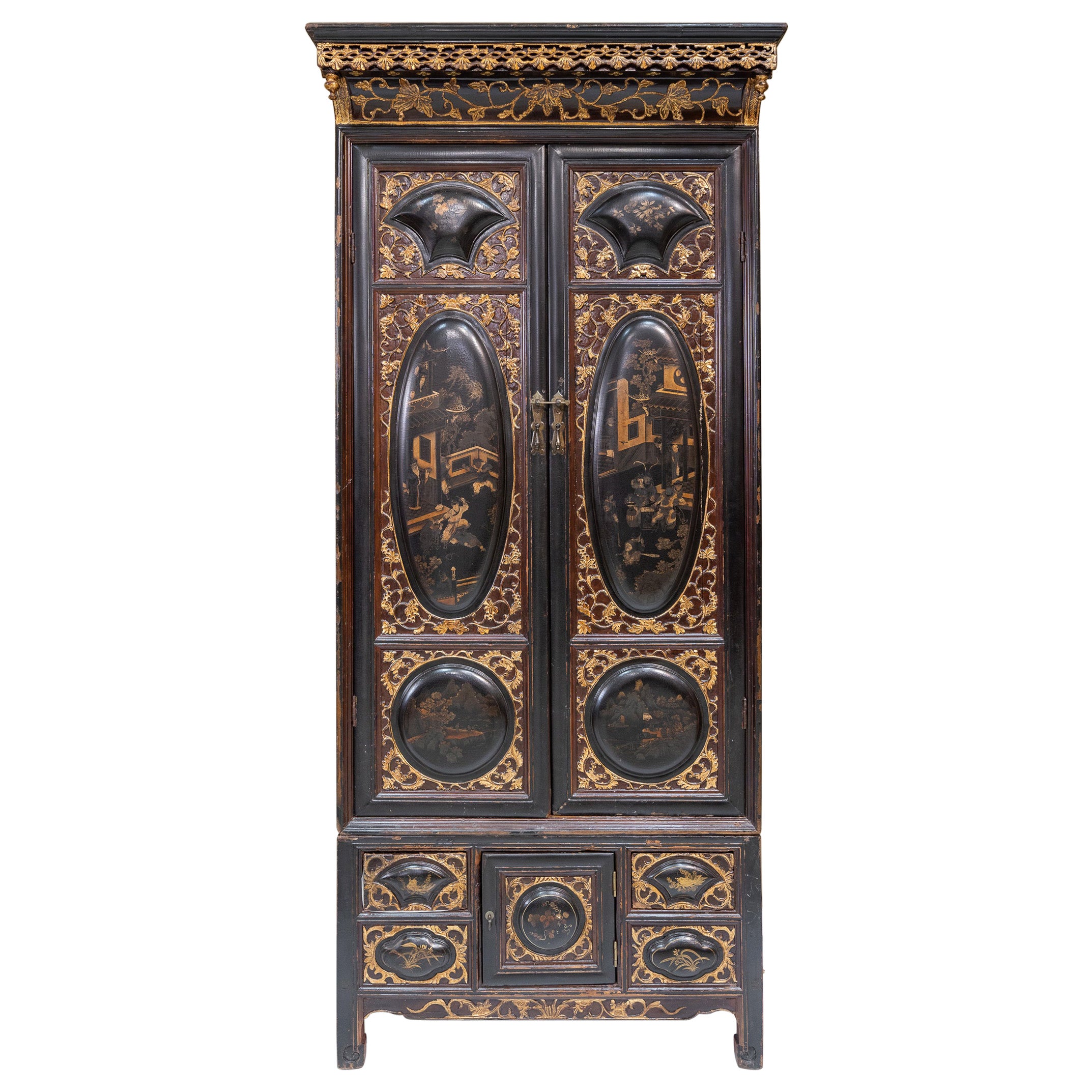 Vintage Black Lacquered Wardrobe from Chaozhou, China