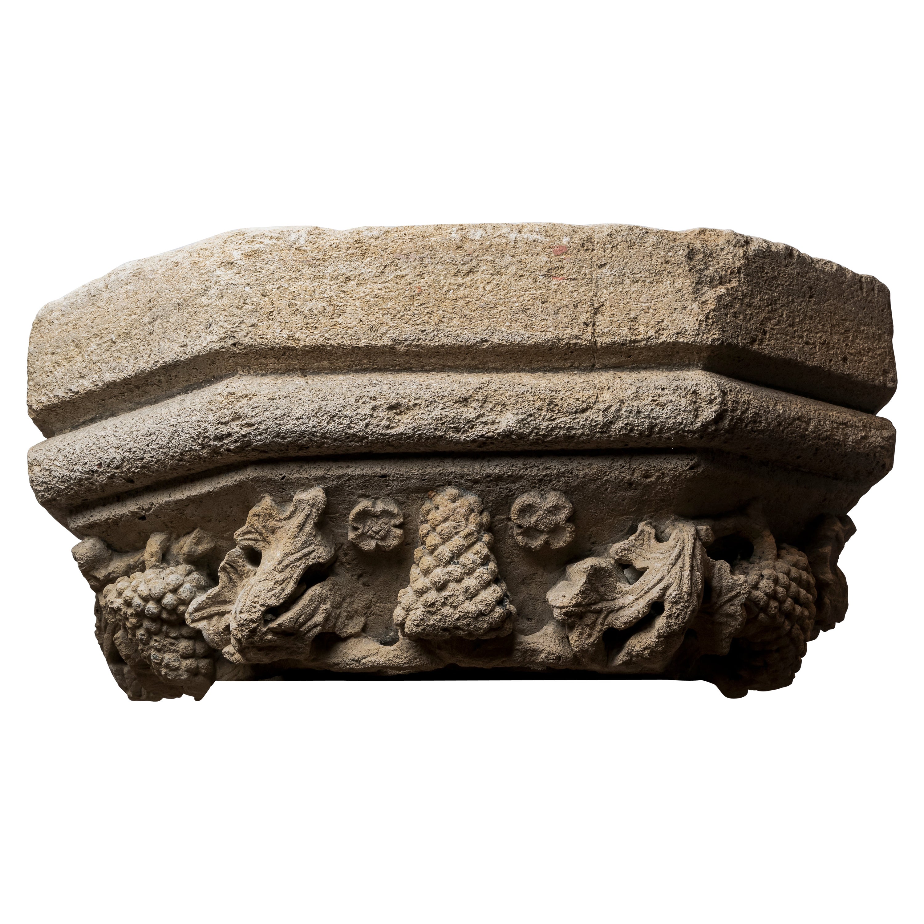 Large Hexagonale Base of Pilaster in Burgundy Stone, Burgundy, 15th Century