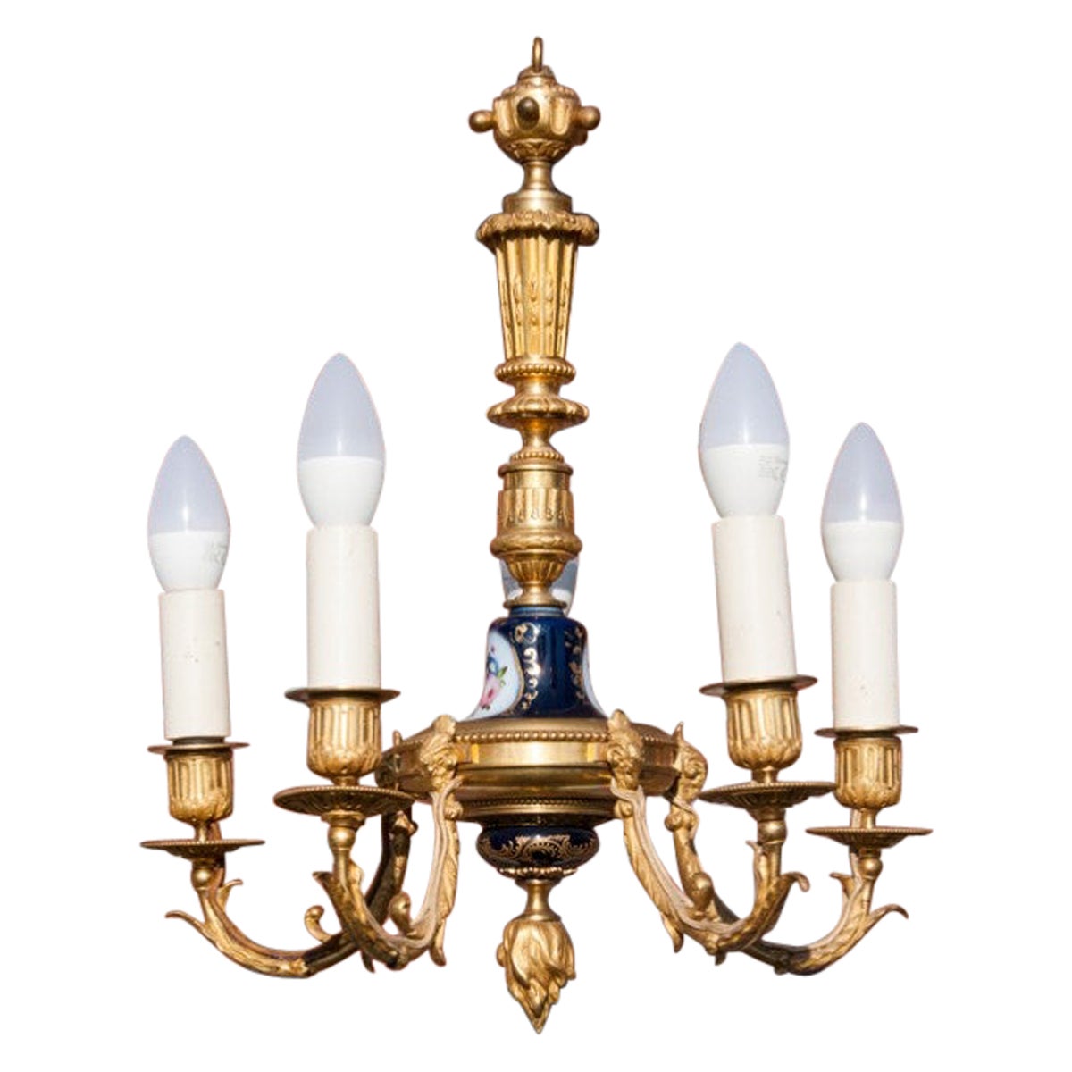 Brass & Porcelain Chandelier, France, circa 1950 For Sale