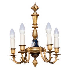 Retro Brass & Porcelain Chandelier, France, circa 1950