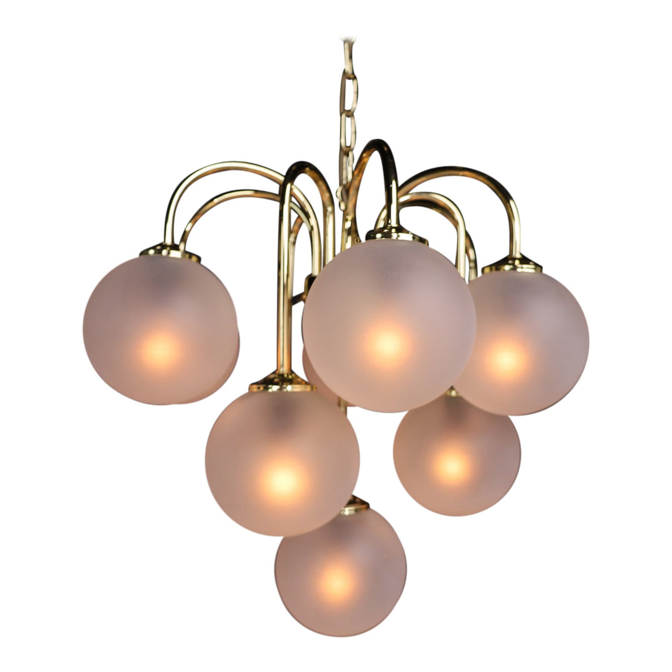 Chandelier in Frosted Hand Blown Glass Globes & Brass, Italy, 1970s For Sale