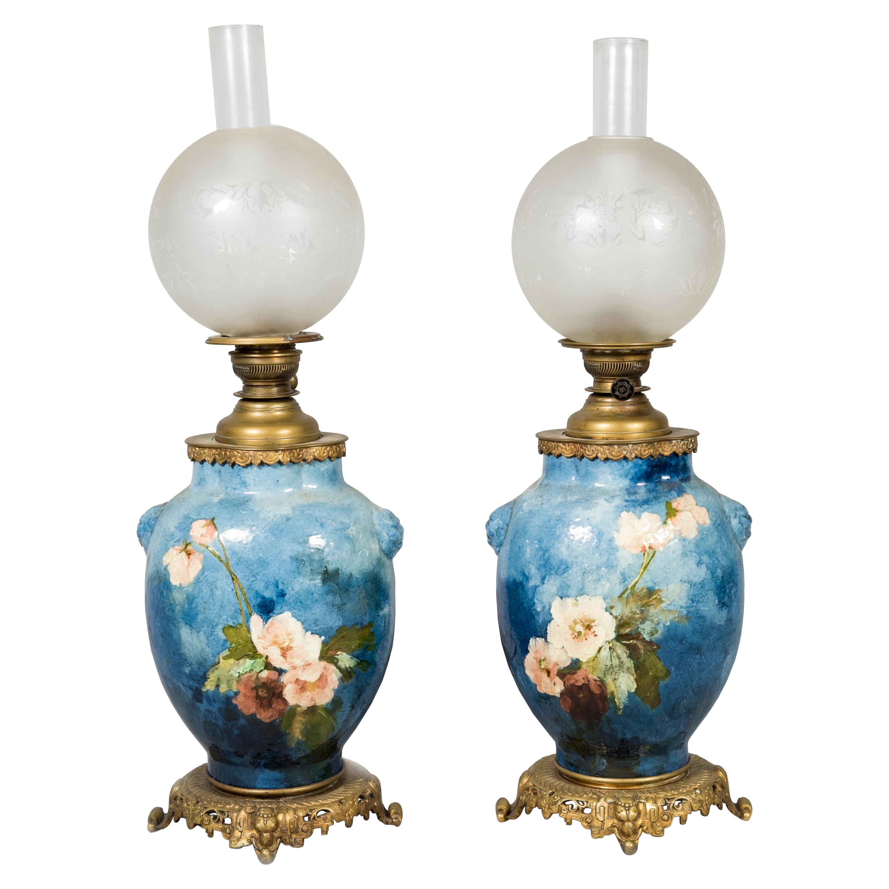 Pair of XIX Century Ceramic Lamps by Haviland For Sale