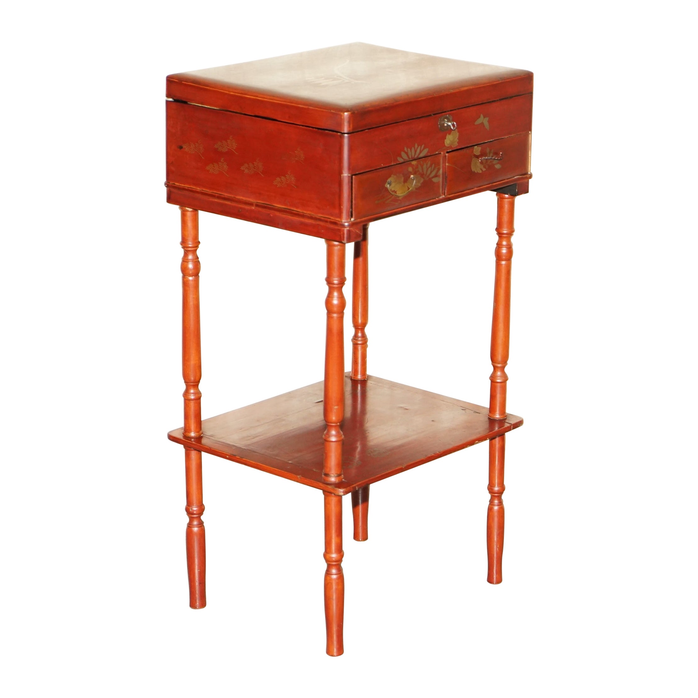 Anglo Japanese Red Lacquer Sewing Table with Famboo Legs with Fitted Interior