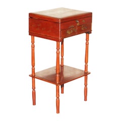 Antique Anglo Japanese Red Lacquer Sewing Table with Famboo Legs with Fitted Interior