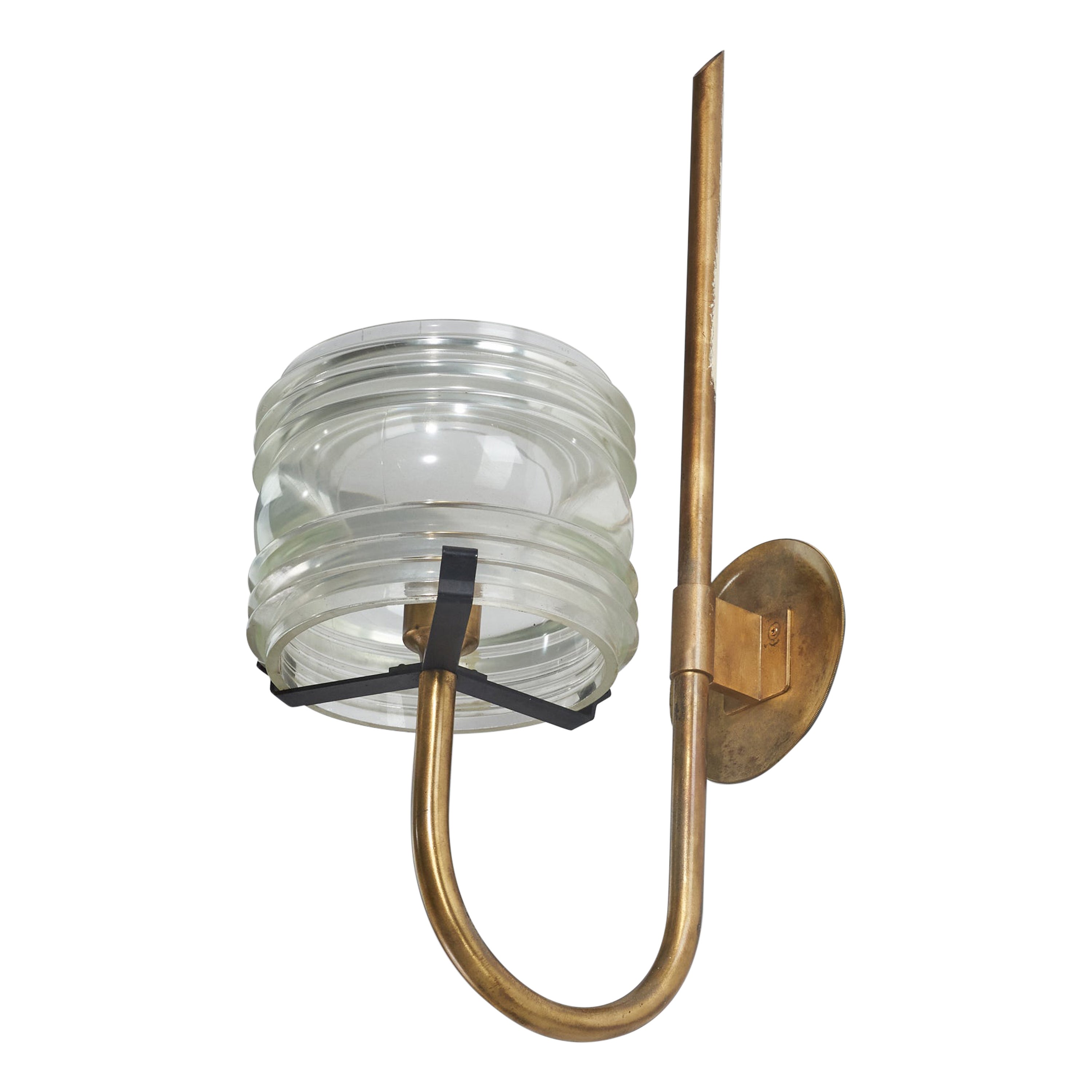 Italian Designer, Sizeable Sconce, Brass, Glass, Metal, Italy, 1960s For Sale