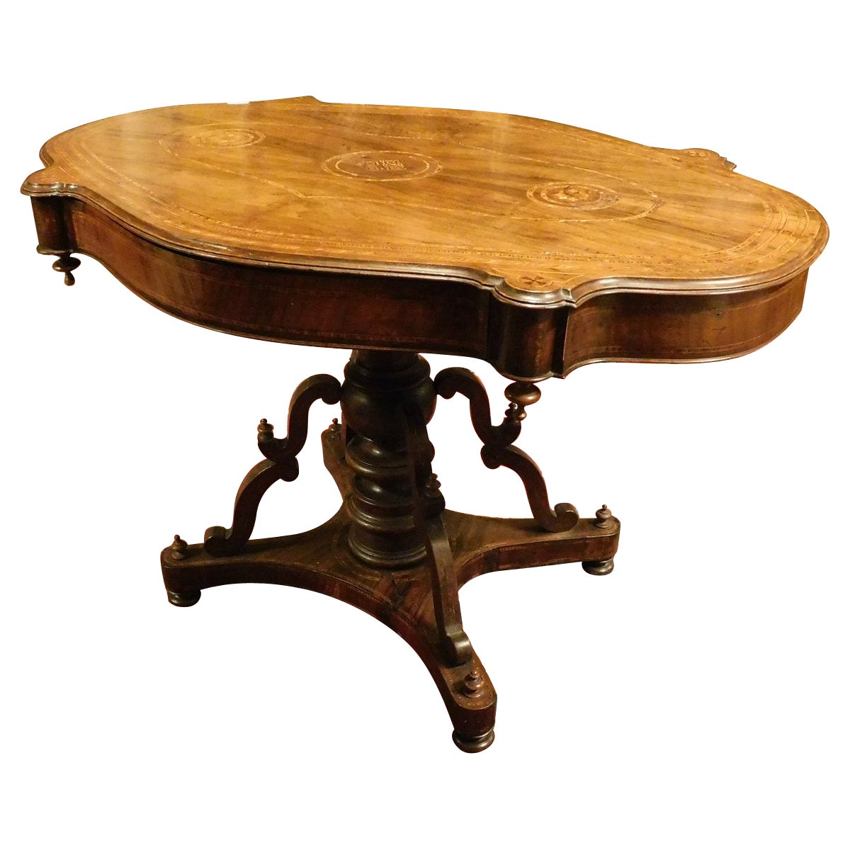 Inlaid and Carved Walnut Coffee Table, 1840 Italy For Sale