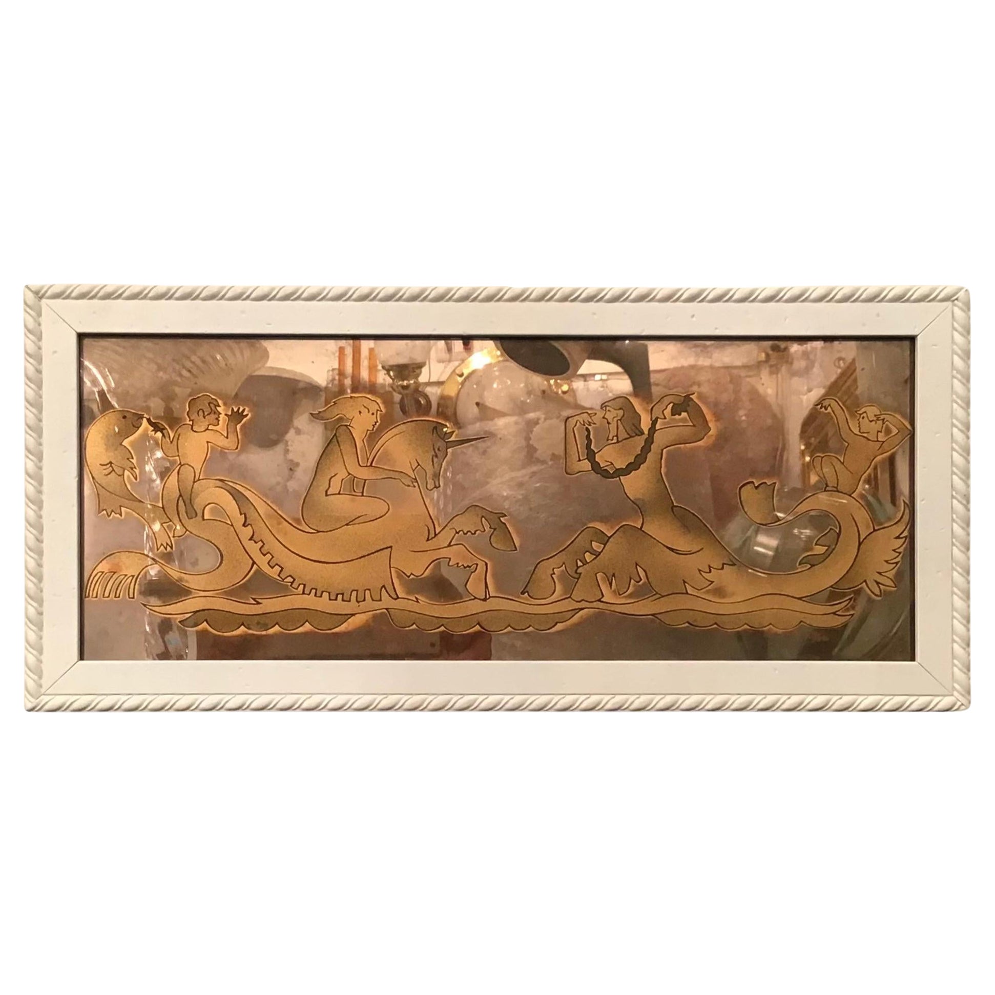 Luigi Brusotti  " L'amore in alto mare  e vetro decorato Wood 1940 Italia in vendita