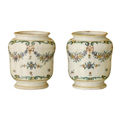 Antique Ceramic Pair of Vases with Flower Decorations, Italy 19th Century
