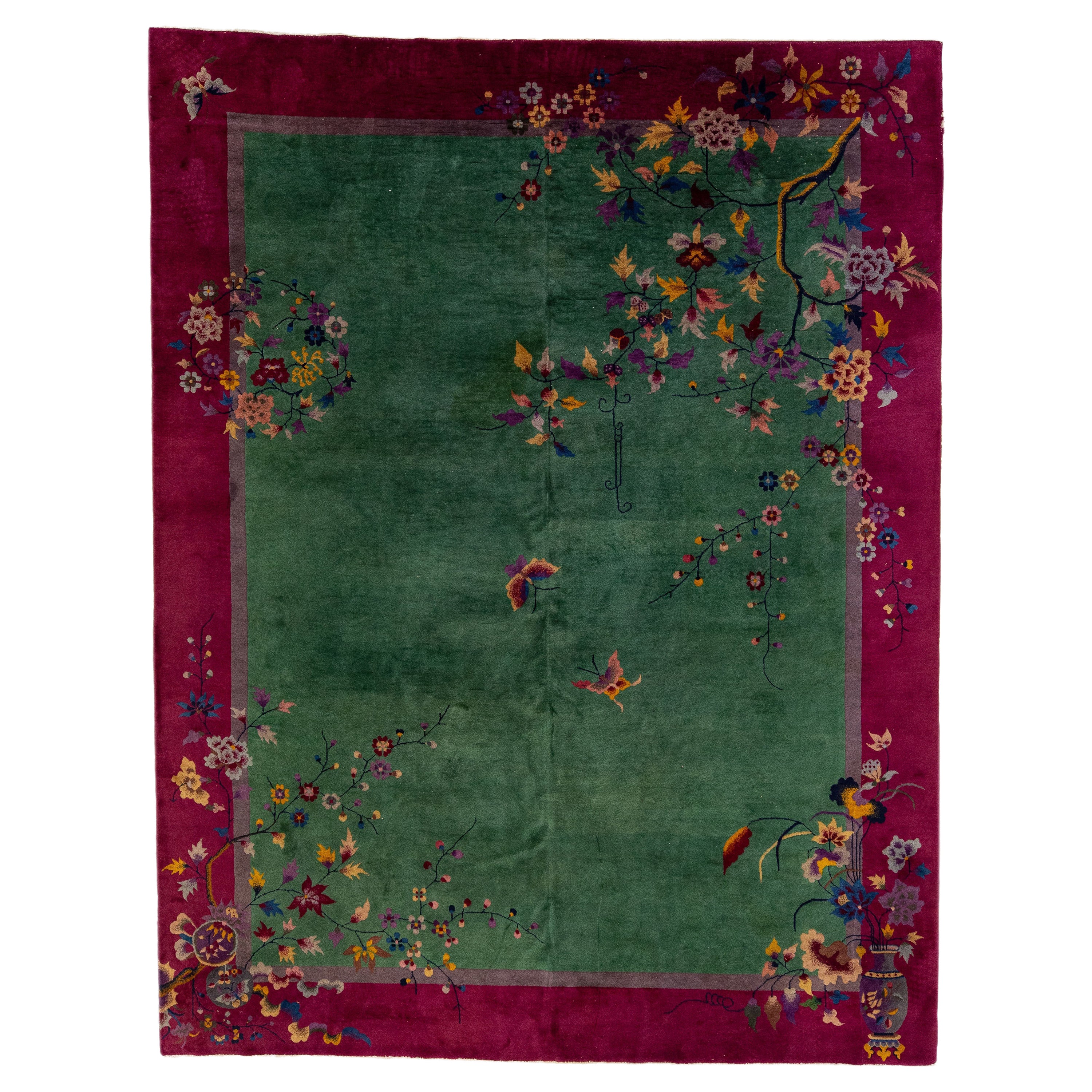 Green Chinese Art Deco Handmade Wool Rug with Floral Design For Sale