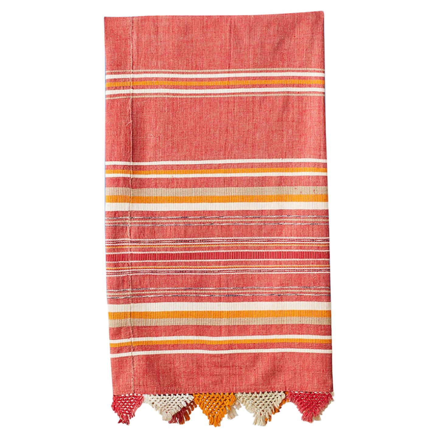 Vintage Striped Cotton Throw with Fringes, USA 20th Century