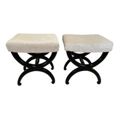 Pair of Antique Stools, Ebonized Beech Wood, Creme Fabric, France circa 1820