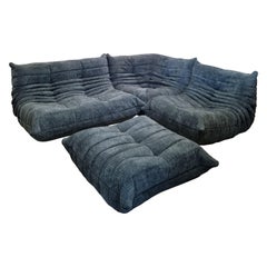 Ligne Roset Togo Sofa in Corduroy Seaweed Blue with Footstool, 1970s