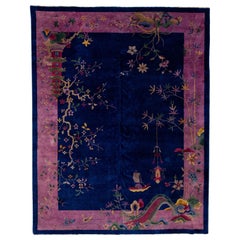 Antico tappeto cinese Art Deco fatto a mano in lana blu con motivo floreale