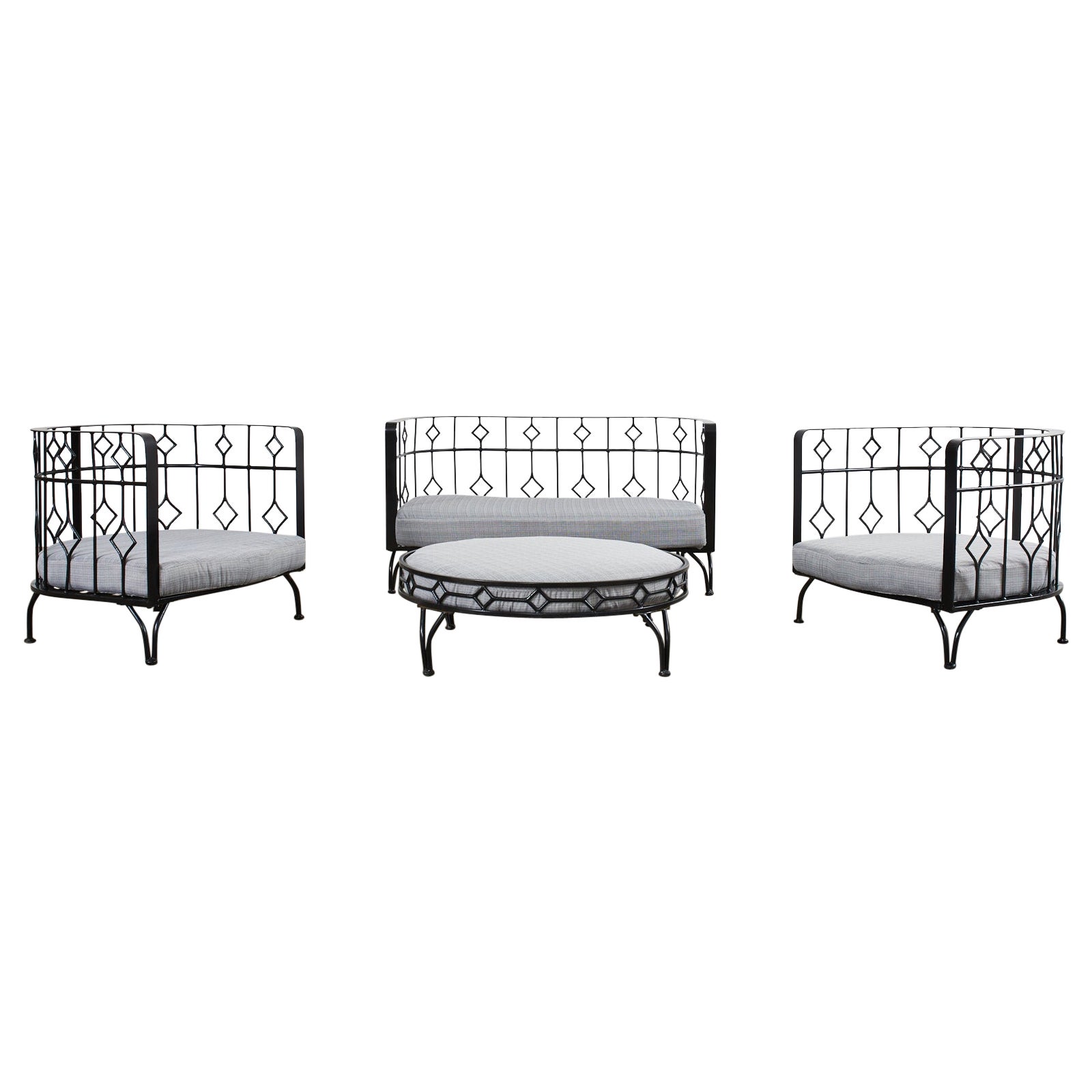 Modern Set of Four Iron Demilune Garden Lounge Chairs and Settee