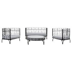 Modern Set of Four Iron Demilune Garden Lounge Chairs and Settee